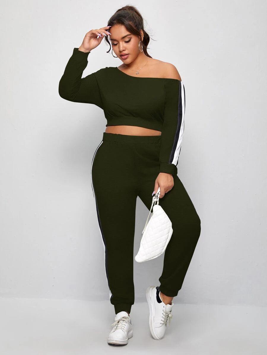 Plus Asymmetrical Neck Side Stripe Tracksuit Set - Army Green - View 1