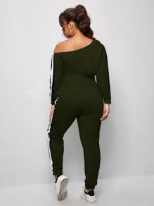 Plus Asymmetrical Neck Side Stripe Tracksuit Set - Army Green - View 2