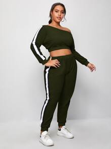 Plus Asymmetrical Neck Side Stripe Tracksuit Set - Army Green - View 3