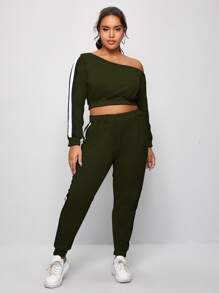 Plus Asymmetrical Neck Side Stripe Tracksuit Set - Army Green - View 4