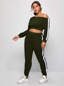 Plus Asymmetrical Neck Side Stripe Tracksuit Set - Army Green - View 5
