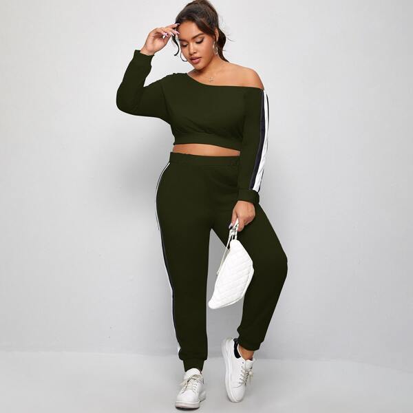 

Plus Asymmetrical Neck Side Stripe Tracksuit Set, Army green