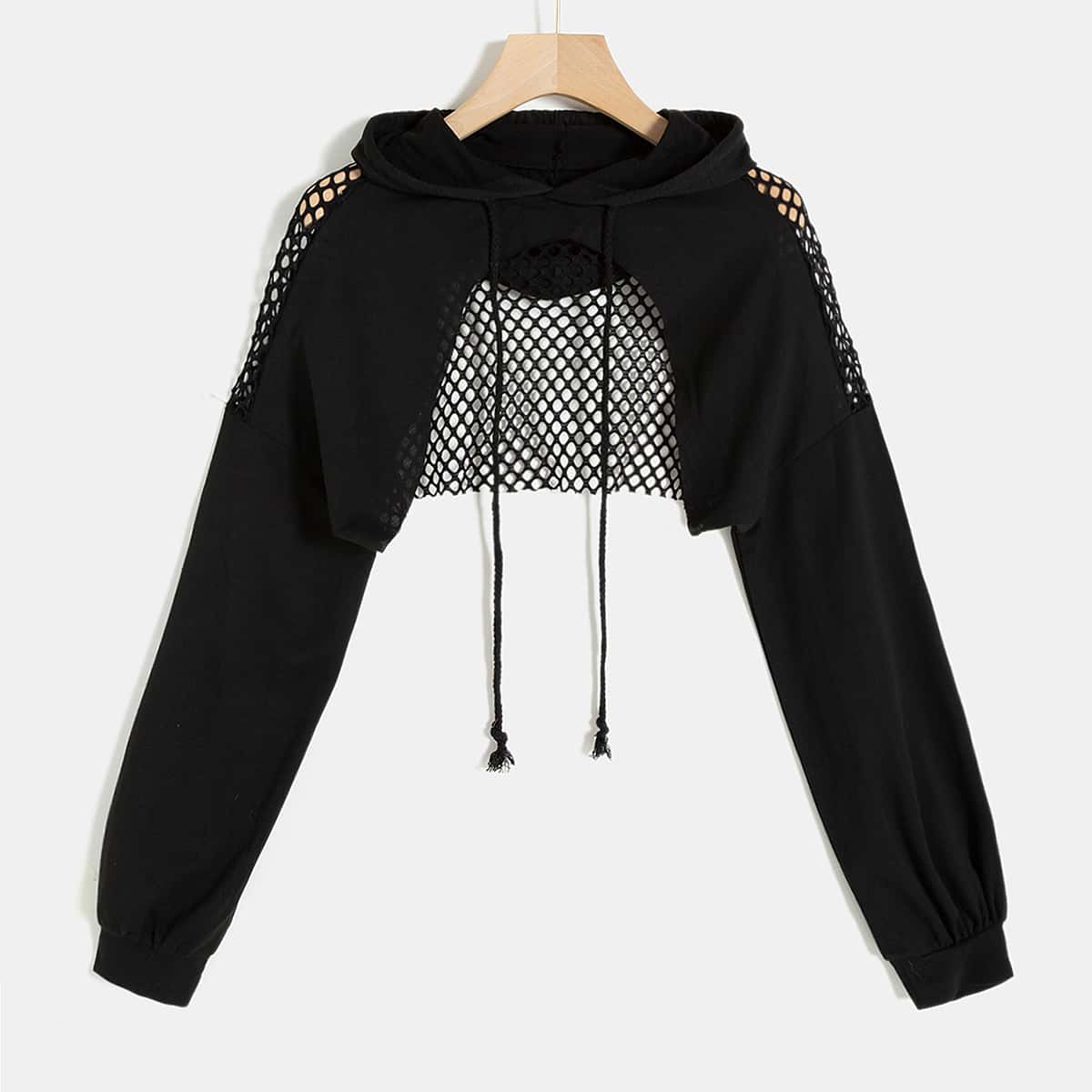 

Solid Hollow Out Drawstring Crop Hoodie, Black