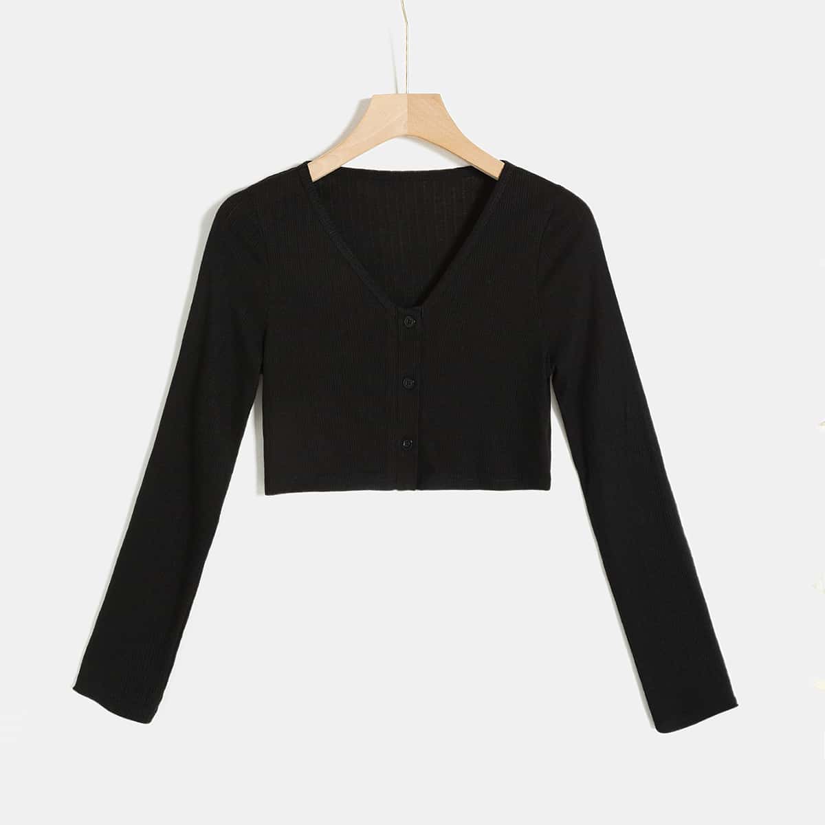 

Solid Button Ribbed Crop Tee, Black