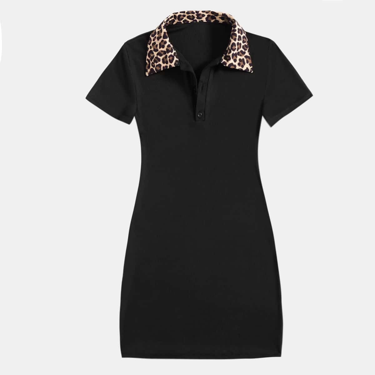 

Leopard Collar Button Dress, Black
