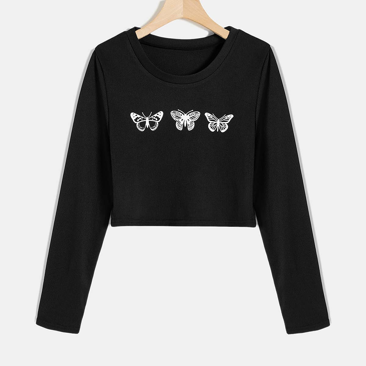 

Butterfly Graphic Ribbed Crop Tee, Black