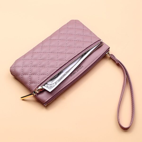 

Quilted Embossed Zip Long Wallet, Purple