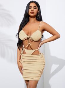 SHEIN SXY Solid Knot Front Crop Cami Top & Ruched Skirt - Apricot - View 1