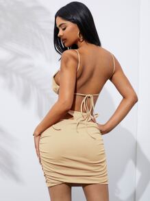 SHEIN SXY Solid Knot Front Crop Cami Top & Ruched Skirt - Apricot - View 2