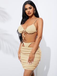 SHEIN SXY Solid Knot Front Crop Cami Top & Ruched Skirt - Apricot - View 4