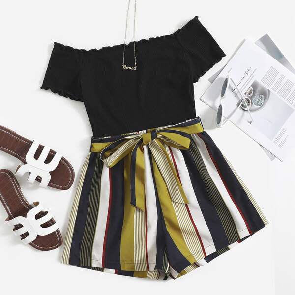 

Off Shoulder Striped Paneled Self Belted Romper, Multicolor