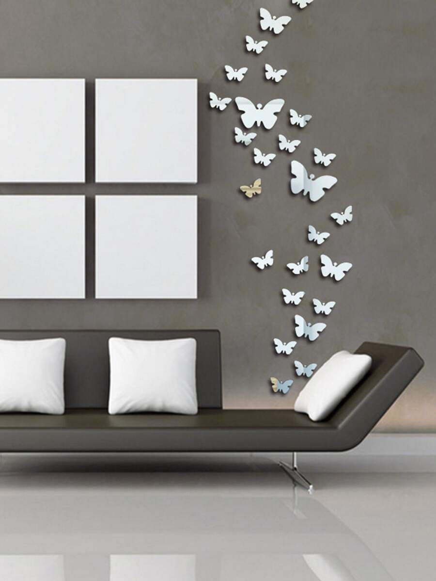 25pcs Butterfly Shaped Mirror Surface Wall Sticker, Silver Decorative Mirror Sticker For Home Decor Gifts Birthday Graduation - Silver - View 1