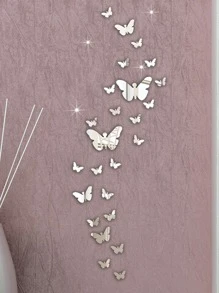 25pcs Butterfly Shaped Mirror Surface Wall Sticker, Silver Decorative Mirror Sticker For Home Decor Gifts Birthday Graduation - Silver - View 3