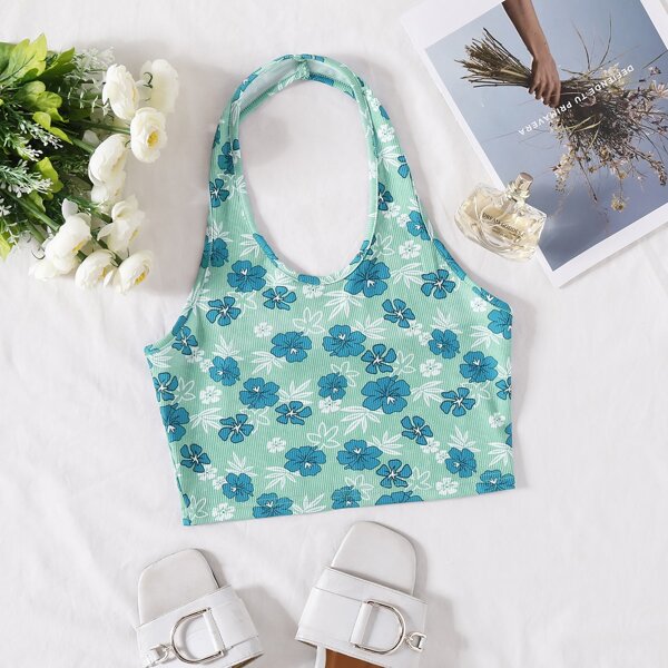 

Floral Print Backless Rib Knit Halter Crop Top, Multicolor