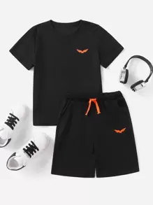 SHEIN Boys Graphic Print Tee & Track Shorts Set - Black - View 1