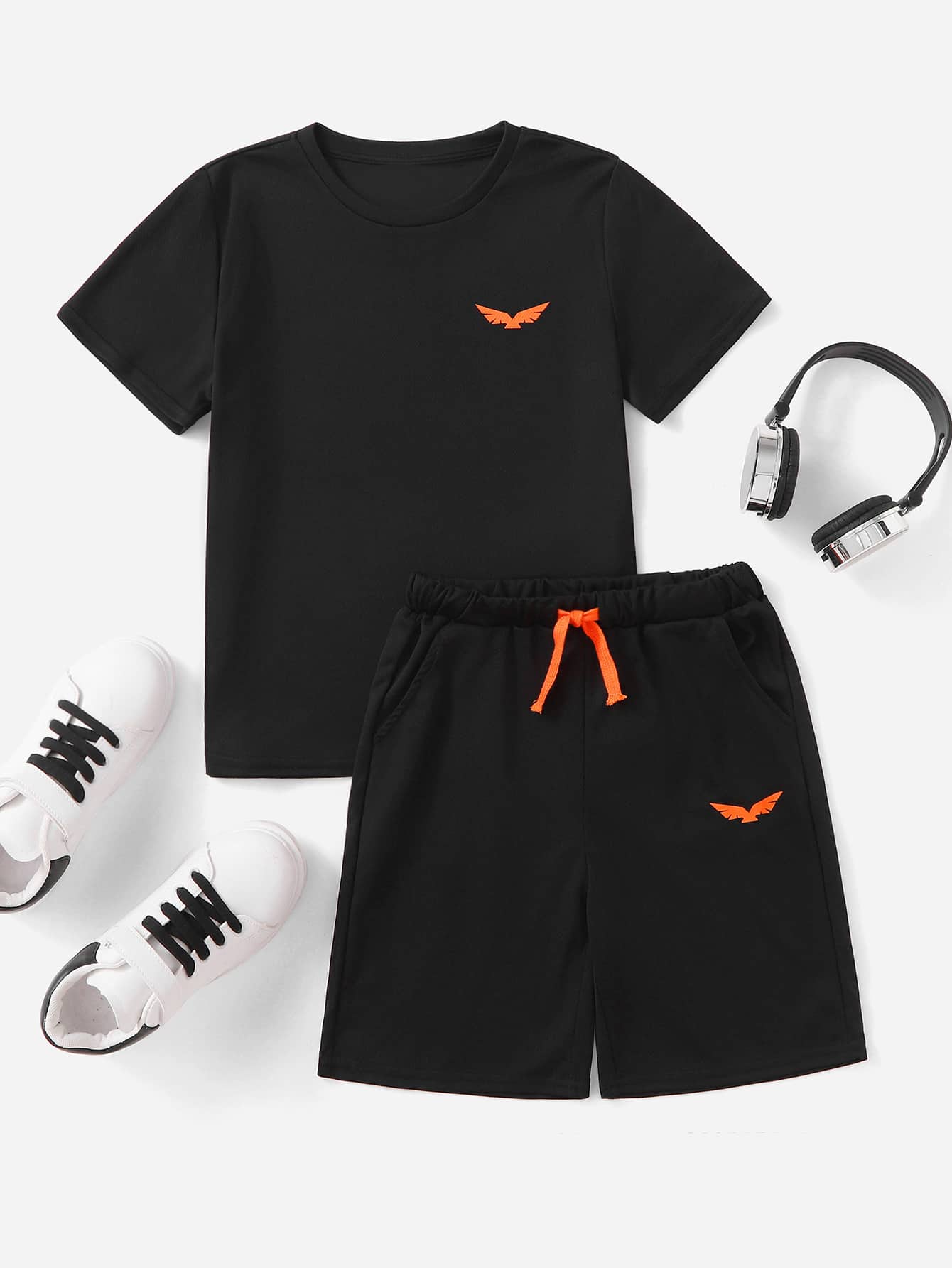 SHEIN Boys Graphic Print Tee & Track Shorts Set - Black - View 1