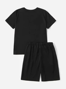 SHEIN Boys Graphic Print Tee & Track Shorts Set - Black - View 2
