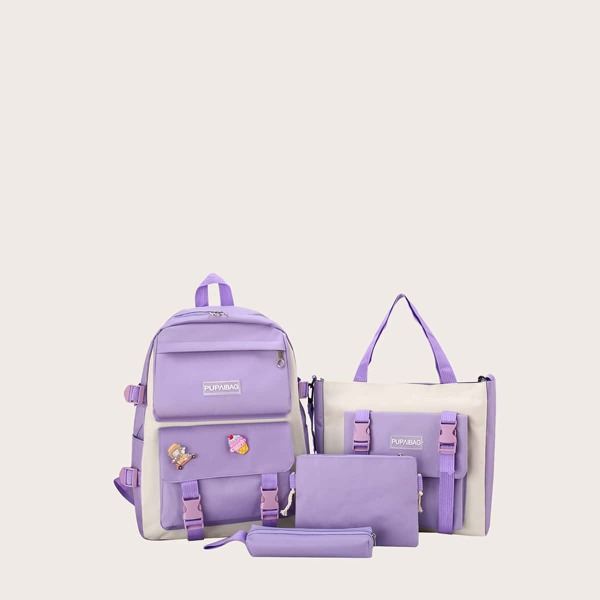 

4pcs Girls Two Tone School Bag Set, Purple