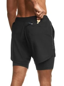 Manfinity Sport Corelite Boyfriend Style Men 2 In 1 Sports Shorts With Phone Pocket & Towel Loop Gym Shorts Jogger Shorts - Black - View 3