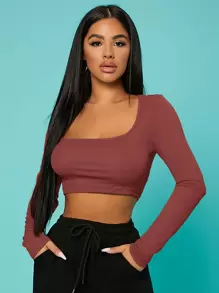 SHEIN SXY 大圓領素色短款T恤 - 鏽棕色 - 查看 1