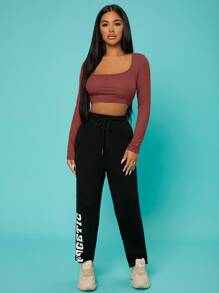 SHEIN SXY 大圓領素色短款T恤 - 鏽棕色 - 查看 4