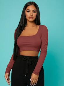 SHEIN SXY 大圓領素色短款T恤 - 鏽棕色 - 查看 5