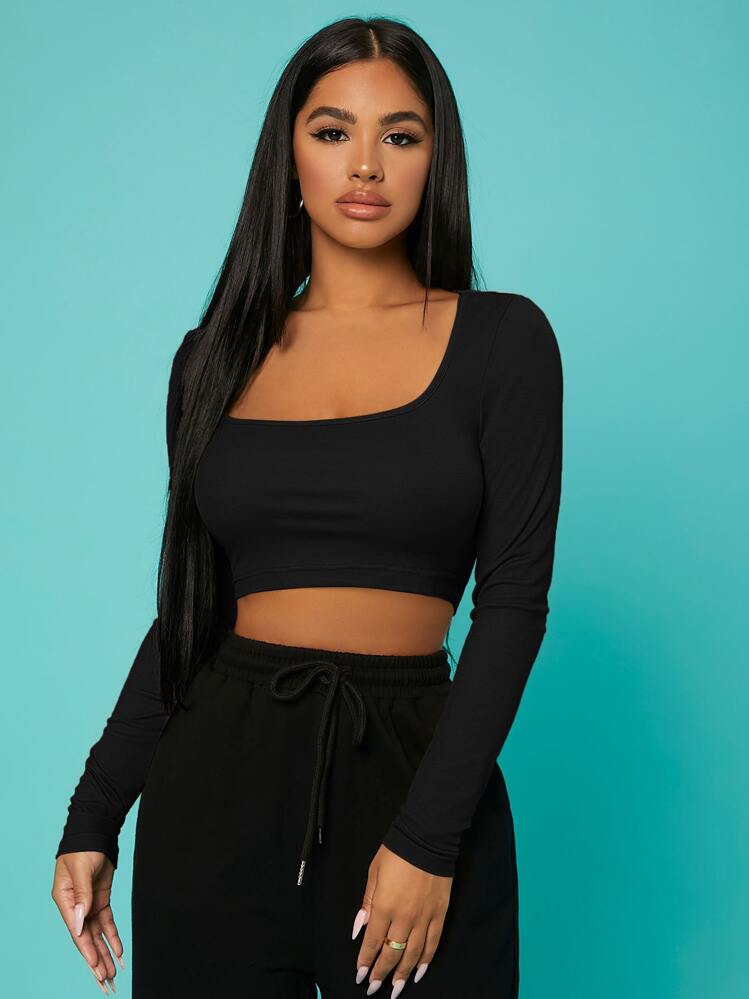 SHEIN SXY Áo thun cổ tròn crop top buổi hòa nhạc dài mùa hè váy dạ hội váy gợi cảm váy ngày lễ tình nhân - màu đen - Xem 5