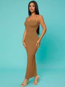 SHEIN SXY 素色十字交叉露背緊身洋裝 - 棕色 - 查看 1