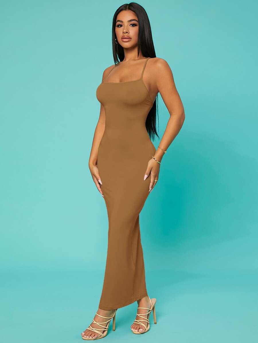 SHEIN SXY 素色十字交叉露背緊身洋裝 - 棕色 - 查看 1