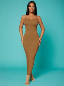 SHEIN SXY 素色十字交叉露背緊身洋裝 - 棕色 - 查看 5
