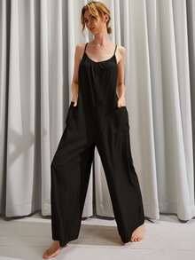 Pocket Side Tied Backless Wide Leg Cami Jumpsuit