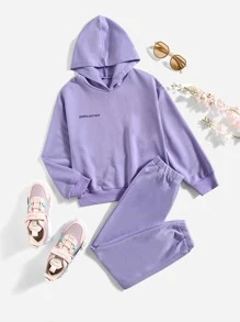SHEIN Girls Letter Graphic Hoodie & Joggers - Lilac Purple - View 1
