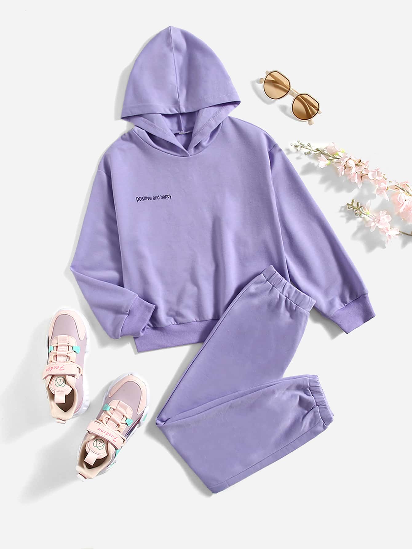 SHEIN Girls Letter Graphic Hoodie & Joggers - Lilac Purple - View 1