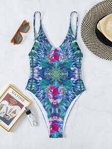 Allover Print Backless One Piece Swimsuit, For Summer Beach Vacation - Blue - View 4