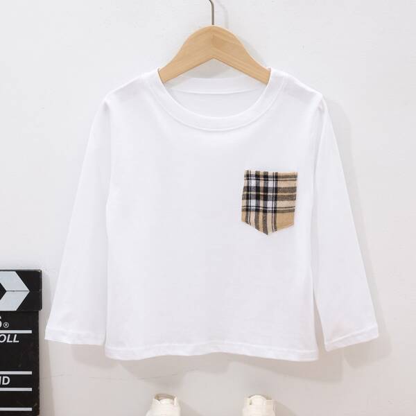 

Toddler Boys Plaid Pocket Patched Tee, White