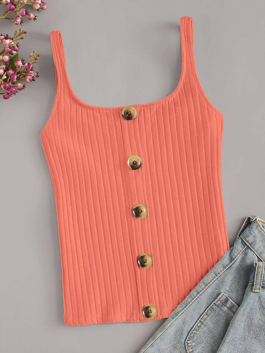 SHEIN EZwear Button Front Rib-Knit Cami Top - Coral Orange - View 1