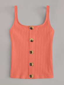 SHEIN EZwear Button Front Rib-Knit Cami Top - Coral Orange - View 3
