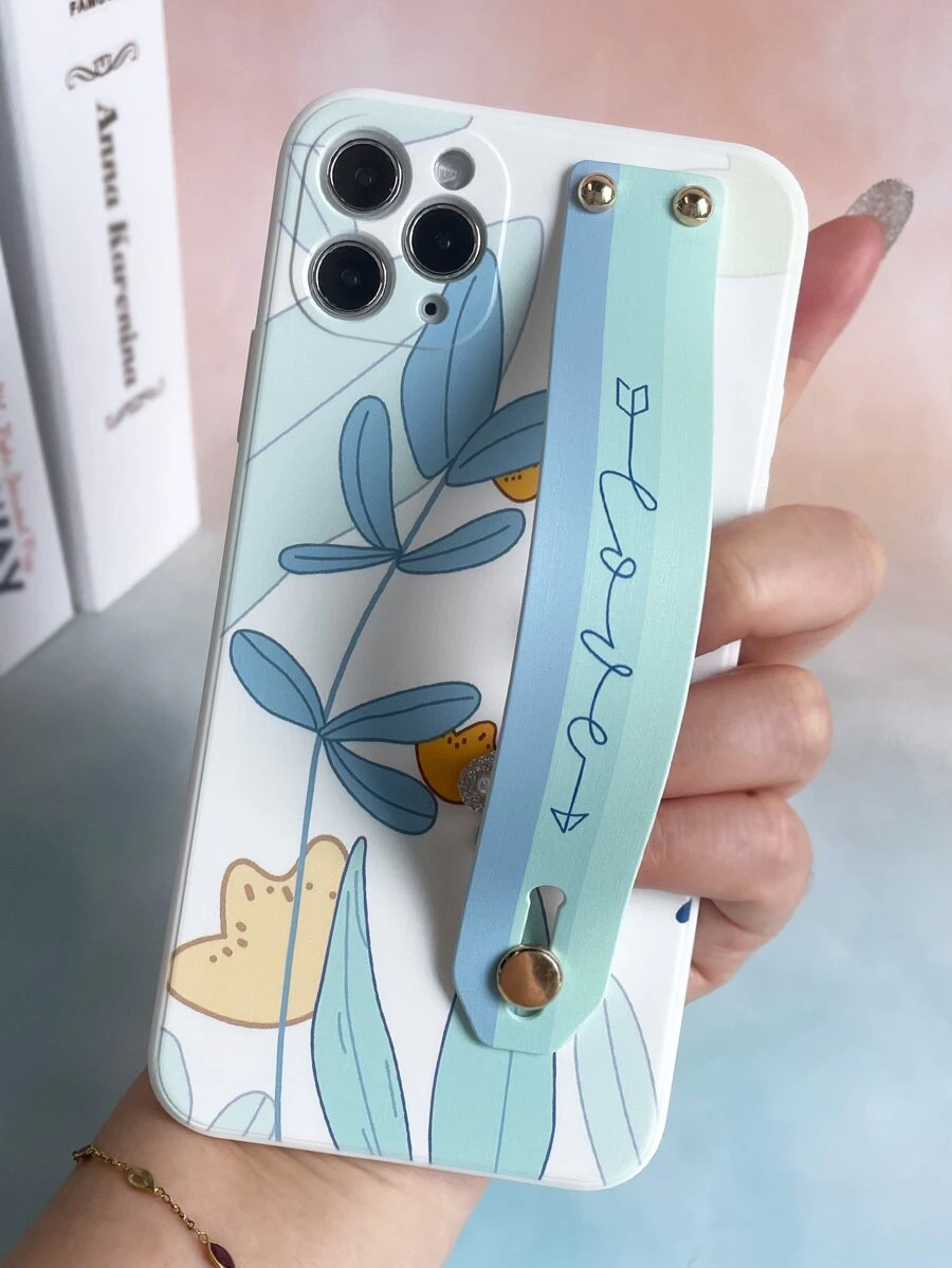 Leaf Painted Phone Case With Wristband Holder - Multicolor - View 1