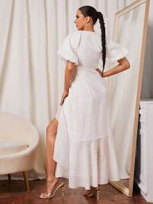 SHEIN Vestido de manga farol ribete con fruncido cruzado con nudo lateral - Blanco - Ver 3
