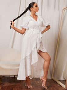 SHEIN Vestido de manga farol ribete con fruncido cruzado con nudo lateral - Blanco - Ver 4