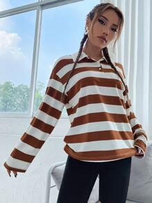 SHEIN Unity Camiseta de cuello polo de hombros caídos con estampado de rayas - Multicolor - Ver 3