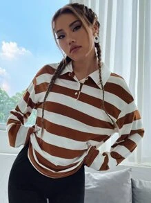 SHEIN Unity Camiseta de cuello polo de hombros caídos con estampado de rayas - Multicolor - Ver 4