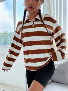 SHEIN Unity Camiseta de cuello polo de hombros caídos con estampado de rayas - Multicolor - Ver 5