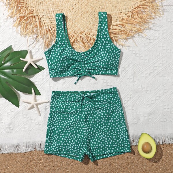 

Girls Ditsy Floral Print Drawstring Shorts Bikini Swimsuit, Green