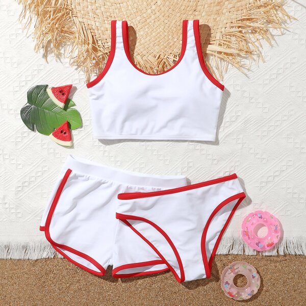 

3pack Girls Contrast Binding Bikini Swimsuit & Swim Shorts, White