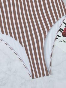 Striped Ruched One-Piece Swimsuit, For Summer Beach Vacation - Mocha Brown - View 3
