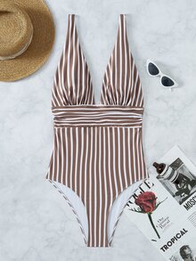 Striped Ruched One-Piece Swimsuit, For Summer Beach Vacation - Mocha Brown - View 4