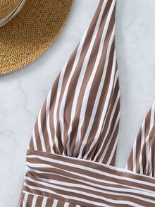 Striped Ruched One-Piece Swimsuit, For Summer Beach Vacation - Mocha Brown - View 6