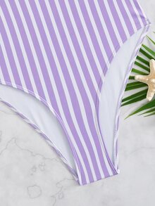 Striped Ruched One Piece Swimsuit, For Summer Beach Vacation - Purple - View 4
