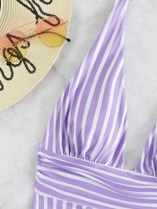 Striped Ruched One Piece Swimsuit, For Summer Beach Vacation - Purple - View 5